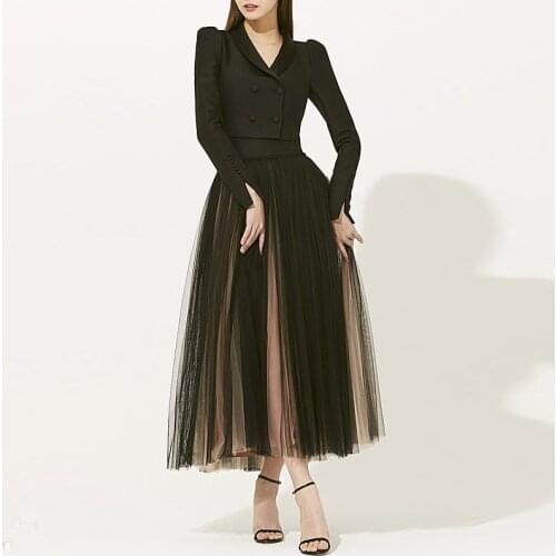 Autumn New Fashion High Quality Party Workplace Casual Black Suit Jacket Mesh Loose Half Skirt Vintage Elegant Chic WomenS Sets