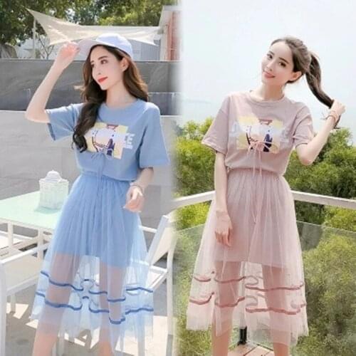 2019 New Summer Dress Fashion Casual Sweet Print Round Neck Short Sleeve Two-piece Set Mesh Large Size Ladies Women Dress ZW065