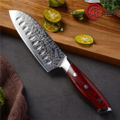 Grandsharp 5 Inch Santoku Knife Japanese Kitchen Knives vg10 Damascus Steel Chef Knife Pakka Handle Full Tang Cooking Tools