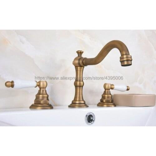 Antique Brass Widespread Bathroom Basin Mixer Taps Dual Handles Deck Mounted 3 Holes Basin Sink Faucet Ban073