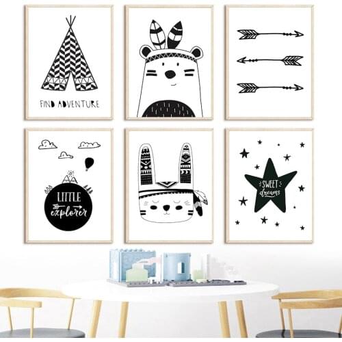 Black White Bear Rabbit Stars Arrow Cartoon Art Canvas Painting Nordic Posters And Prints Wall Pictures For Baby Kids Room Decor