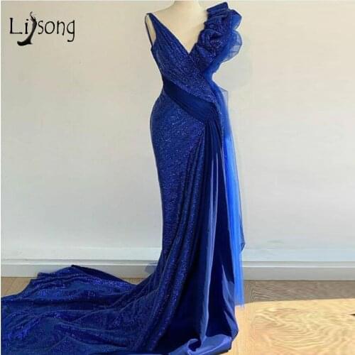 Elegant Royal Blue Sequined Mermaid Prom Dresses Ruffles Tutu Long Prom Gowns Real Image Fashion Formal Party Dress
