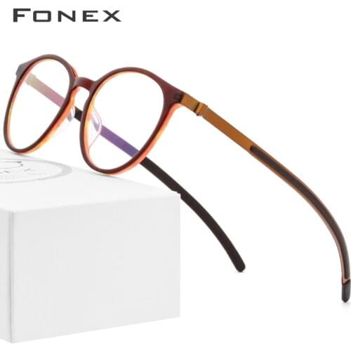 FONEX Titanium Glasses Frame Men Women Acetate New Vintage Round Myopia Optical Prescription Eyeglasses Screwless Eyewear 9105