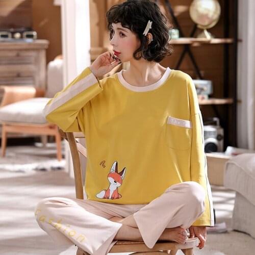 Foply Cartoon 100% Cotton Pajamas Set Women Pyjamas Sleepwear Nightwear Pijama Mujer Yellow Pijama Plus Size Long Pant Nightsuit