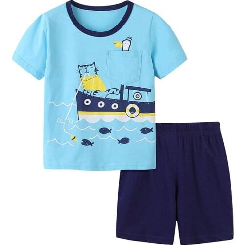TUONXYE New Boys Cartoon Steamship Clothing Sets Kids Toddler Boys Suits Childrens Summer Outfits Tee Tops+Pants Clothes