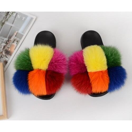 Summer womens color matching slippers real fox fur plush outdoor indoor lovely casual slippers