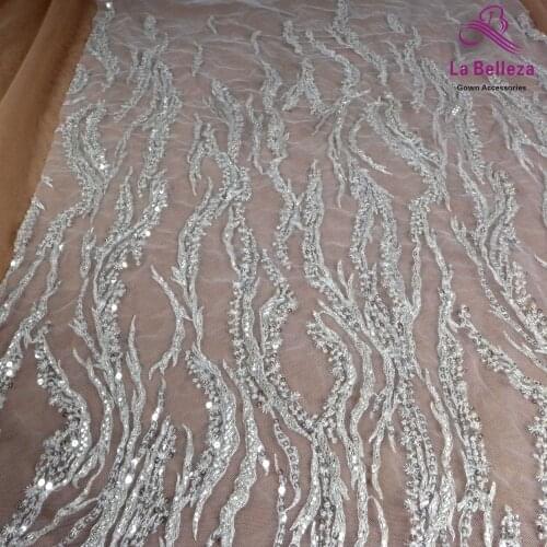 La Belleza 2021 fashion bridal lace,simple lines beading lace fabric,silver beading wedding dress lace fabric 51'' width 1 yard