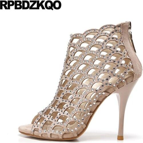 Pumps Runway Shoes Boots Peep Toe Booties Cage High Heels Designer Sandals Women Luxury 2017 Summer Stiletto Rhinestone Big Size