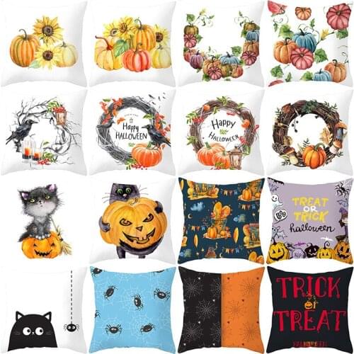 Halloween Cushion Cover Pumpkin Crow Cobweb Black Cat Printed Pillow Covers 45x45 cm Holiday Home Decor Cushion Case for Sofa