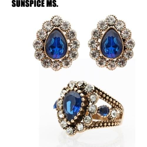 New Bohemia Water Drop Resin Earring Ring Jewelry Sets Antique Gold Color Turkish Ethnic Crystal Wedding Jewelry Wholesale 2018