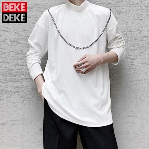 High Street Mens Chains Long Sleeve Turtleneck Tops Solid Color Loose Leisure T Shirt Autumn White Hip Hop Sweatshirt Male
