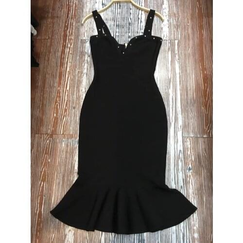 Wholesale Black Fashion Women Bandage Ruffles Elegant Sexy V-Neck Party Bodycon Knee Length Midi Dresses Vestidos Stretch