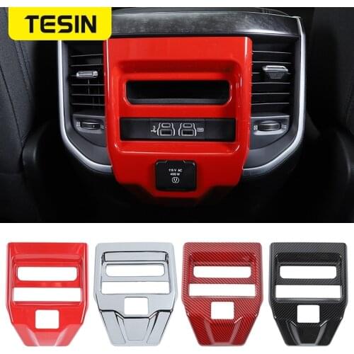 TESIN Carbon Fiber Car Interior Rear Seat Control Panel Decotation Cover Trim Stickers Accessories for Dodge RAM 1500 2018-2021