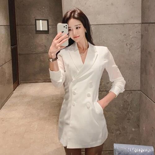 XL Plus Size 2021 Winter V-neck Double Breasted Long Sleeve Mini Casual Blazer Dress Ladies Korean Fashion White Dress for Women