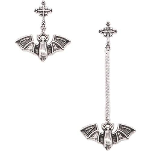 Bat Cross Earings Gothic Punk Silver Color Chain Asymmetry Long Tassel Earings For Women Halloween Jewelry Party Gift New 2020