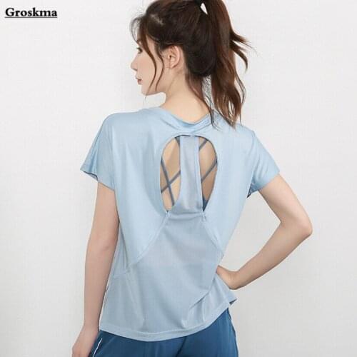 Mesh patchwork women yoga t shirt short sleeve back hollow out tops quick dry sports running t-shirt fitness gym clothing