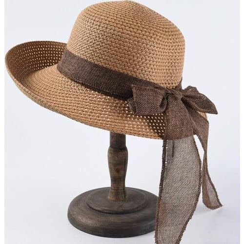 2021 Summer Bow Ribbon Sun Hat Panama Womens Cap Bonnet Beach Bow Straw Hats Gorros