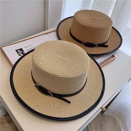 New British Flat Top Hats For Women Spring Summer PU Belt Straw Hat Fedoras Retro Sequin Sun Hat Chapeu Feminino Panama Visor
