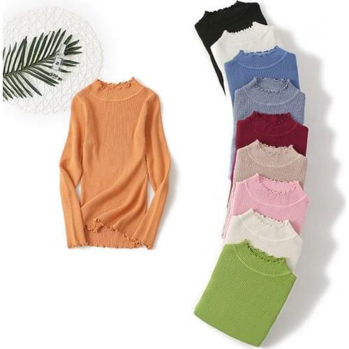 Autumn Winter Sweet Sweater Fungus Pullover Tops Women Turtleneck Knitted Jumper Korean Solid Female Slim Ruffled Sweaters