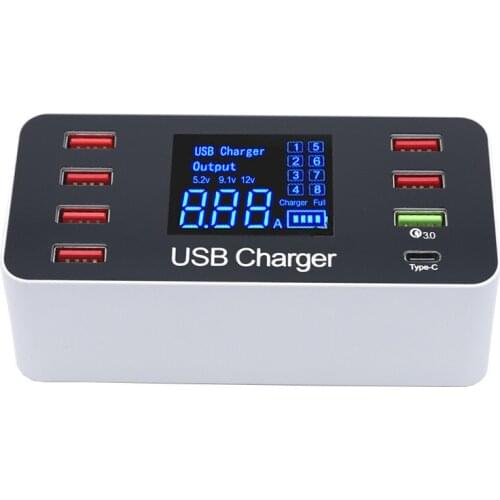 40W 8 Ports USB Phone Charger QC3.0 PD Type C USB C Fast Charger Quick Charge 3.0 Smart LED Display Charging Station Adapter