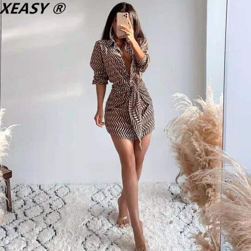 XEASY 2021 Women Fashion Knotted Print Dress Vintage Long Sleeve Button Up Female Chic Layered Pareo Tied Mini Dresses Vestidos