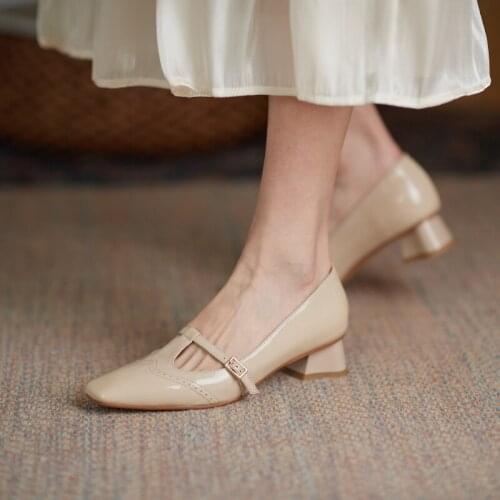 Women pumps natural leather shoes 22-24.5cm length Brooch pattern hole shoes pigskin lining sheepskin insole Mary Jane shoes