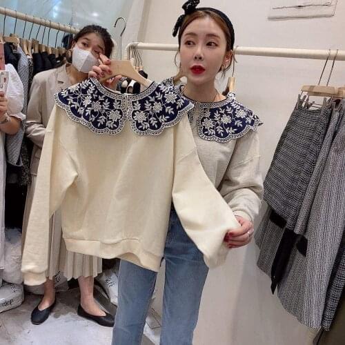 2021 Spring New Embroidered Lace Collar Sweatshirt Womens Loose Thin Long Sleeve Top Fashion