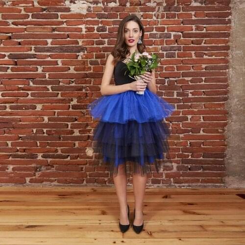 Pretty Royal Blue And Navy Blue Tiered Ruffles Mid Calf Tulle Skirts Women Elastic Bridesmaid Tutu Skirt Custom Made