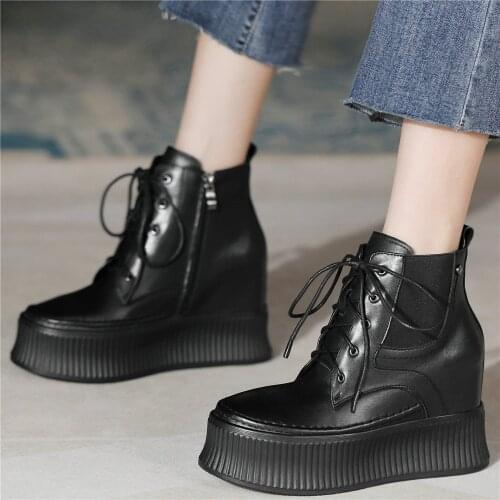 Lace Up Fashion Sneakers Women Genuine Leather Wedges High Heel Ankle Boots Female Round Toe Chunky Platform Pumps Casual Shoes