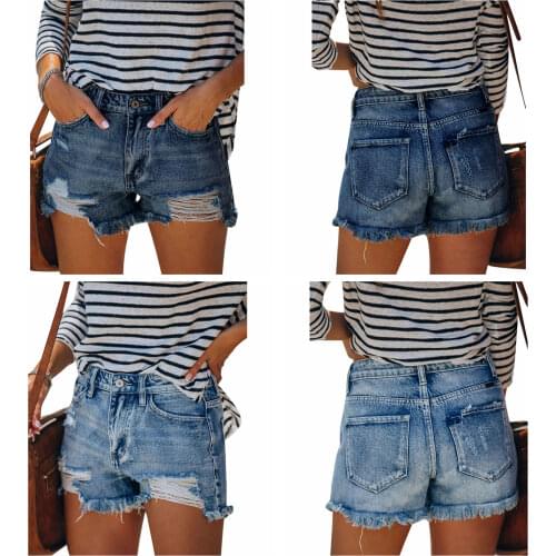 Women Summer Short Pants, Ripped Frayed Zipper Button Open Denim Shorts with Pockets for Girls, Dark Blue/Light Blue