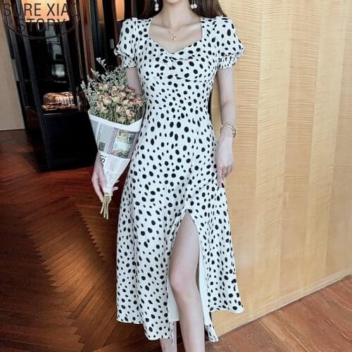 French Polka Dot Dress Women Chiffon Dresses White Vintage Elegant Summer Dresses High Waist Short Sleeve Midi Long Dress 13424