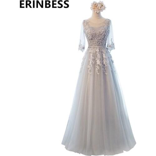 A Line Silver Grey Half Sleeve Evening Dresses Robe De Soiree 2019 Long Floor Length Sweep Train Party Gowns For Women