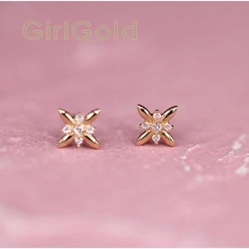 14K solid gold unique cross crystal studded Dainty Simple women earring minimal Minimalist Bride Wedding Gift