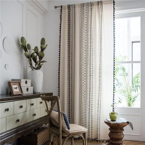 1.5M Width Cotton And Linen Printing Black Tassel Bohemian Kitchen Village Style Window Curtain Home Decoration