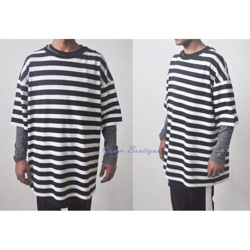 Black White Striped Dropped Shoulder 0 Neck Scoop Short Sleeve T-shirt - Extended Overlong - - Drop Shoulder Centre Seam