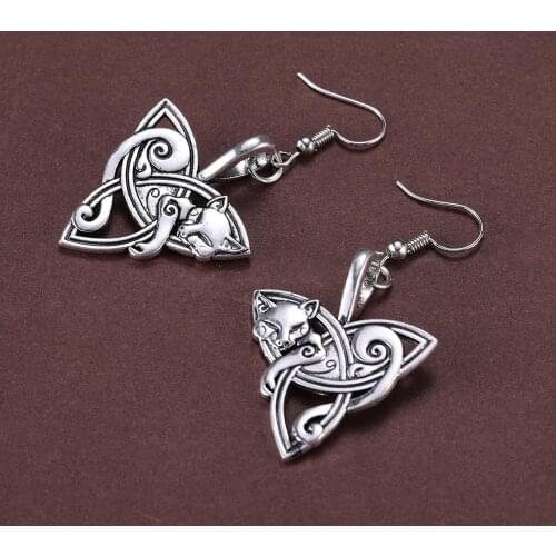 Dawapara Viking Fox Triquetra Fenrir Animal Pendant Drop Earring Men Fashion Jewelry Supernatural Amulet Knot earring