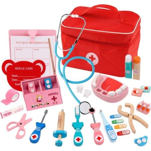 Kids Pretend Play Wood Toys Doctor Red Medical Kit Dentist Medicine Box Sets Cloth Bag Packing Games Toys for Children Girls Boy
