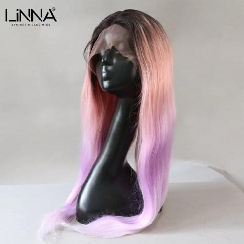 LINNA Long Straight Synthetic Lace Wig For Women Natural Wave Lace Front Human Hair Purple Wigs Purple Pink Cosplay Wig