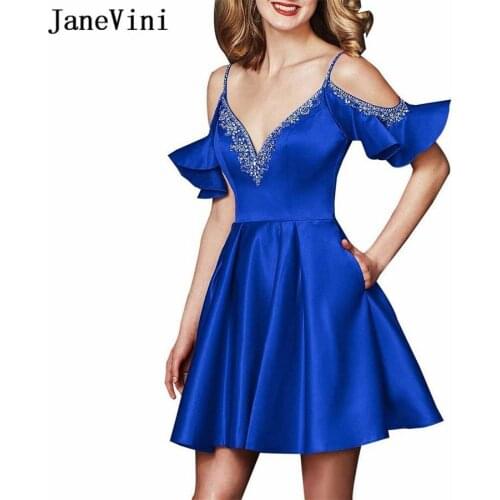 JaneVini Elegant Royal Blue Satin Homecoming Dresses V Neck Luxury Beading Sleeveless Evening Short Dress Bestidos De Graduacion