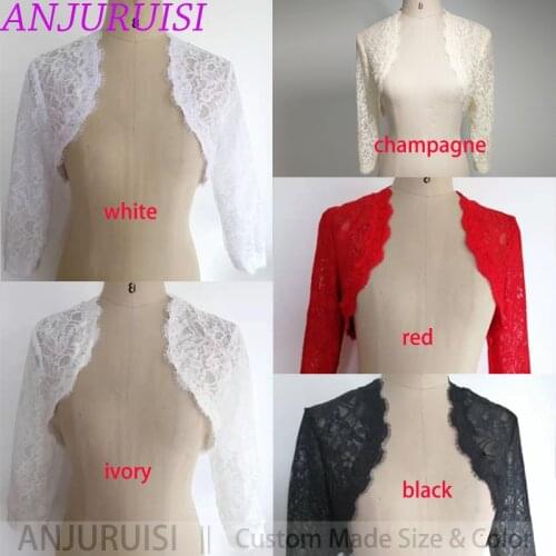 ANJURUISI Elegant Simple Shares of Womens 3/4 Long Sleeve White Lace Shoulders Cropped Bolero Wedding Jacket 2019 Bridal Wraps