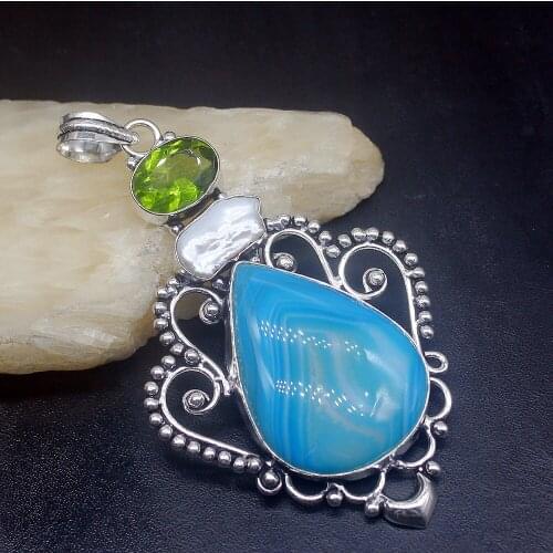 Gemstonefactory Jewelry Big Promotion 925 Silver Botswana Agate Peridot Biwa Pearl Women Ladies Gifts Necklace Pendant 0942