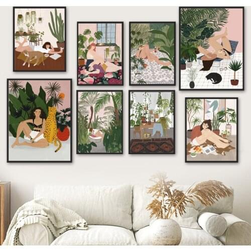 Illustration Girl Flower Leaf Monstera Plant Vase Nordic Poster Wall Art Print Canvas Painting Decor Pictures For Living Room