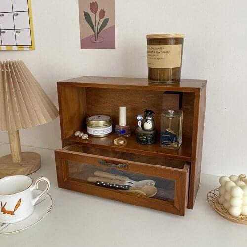 Desktop Retro Glass Cabinets Wooden Drawer Jewelry Decoration Storage