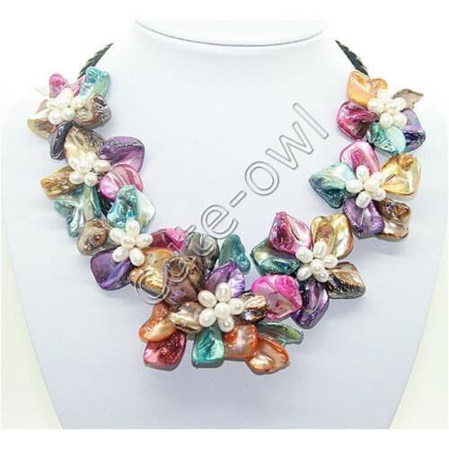 Natural white pearl shell mother of pearl 7 flowers multicolor pendant necklace 20" long