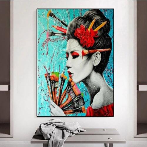 Japanese Geisha Dress Colorful Graffiti Art Canvas Painting Woman Portrait Posters and Prints Wall Picture for Living Room Decor