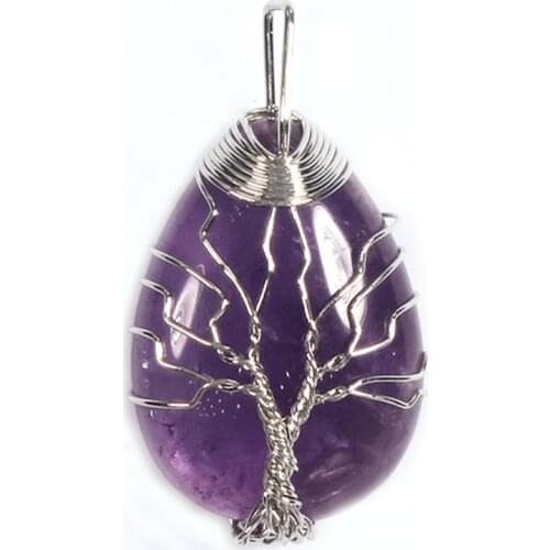 100-Unique 1 Pcs Silver Plated Wire Wrap Tree of Life Water Drop Natural Purple Amethysts Pendant Modern Jewelry