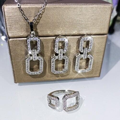 Luxury Bridal Jewelry Sets Geometric Square Hollow Crystal Necklace Ring Earrings For Women Minimalist Silver Color Wedding Sets