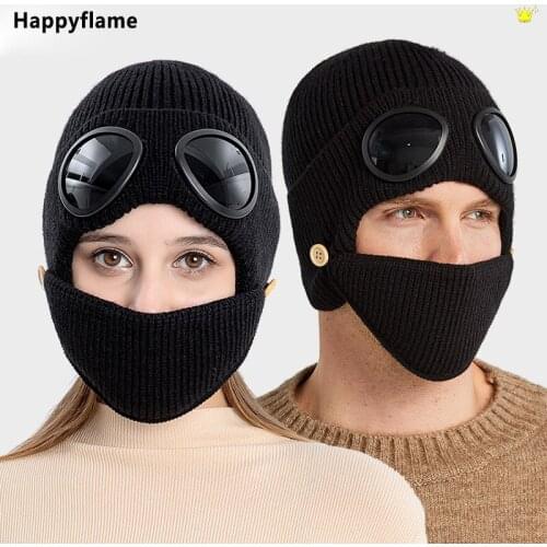 Winter Waterproof Bomber Hats Earflap Russian Ushanka with Goggles Mask Set Men Women Trapper Wool Knitted Hat Snow Caps Unisex