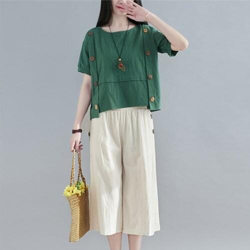 Loose Tops Wide leg pants Summer Women Clothes Set Cotton Linen Korea Style Fashion Sets Street Wear Casual Set Vintage Suit