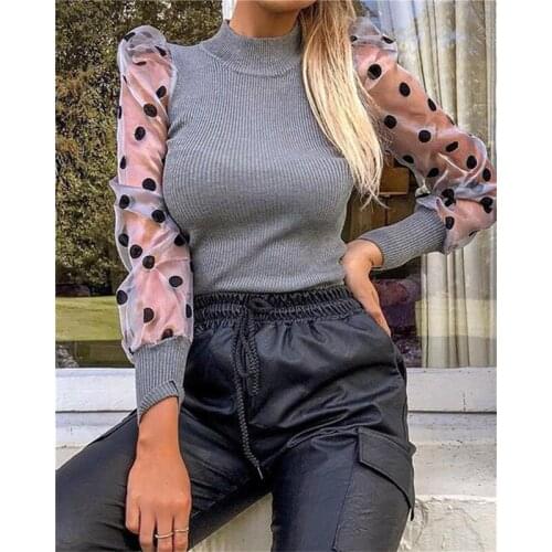 Women Fashion Puff Sleeve T-shirt Ladies Mesh Spliced Polka Dot Printed Casual Turtleneck Warm Top High Neck Tee Shirt Femme